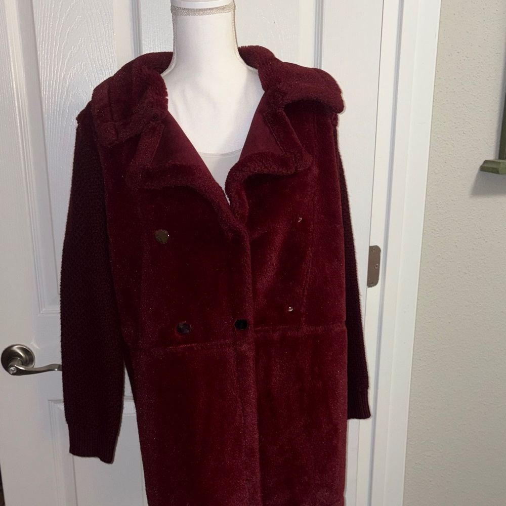 Burgundy Faux Fur and Knit Sweater Coat - Picture 16 of 16